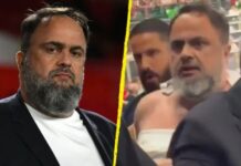 Evangelos Marinakis ses med revet skjorte efter “sammenstød på tribunen”